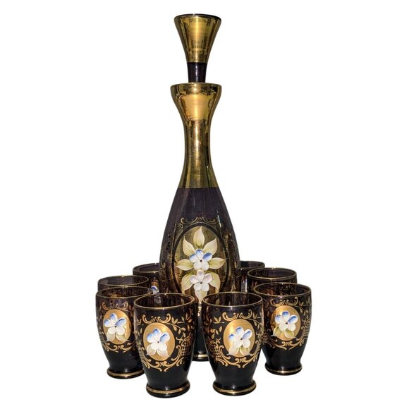Vintage Amethyst Decanter Set 8 Hand-Painted Cups Gold Gilded Raised Floral Desi - Picture 1 of 16